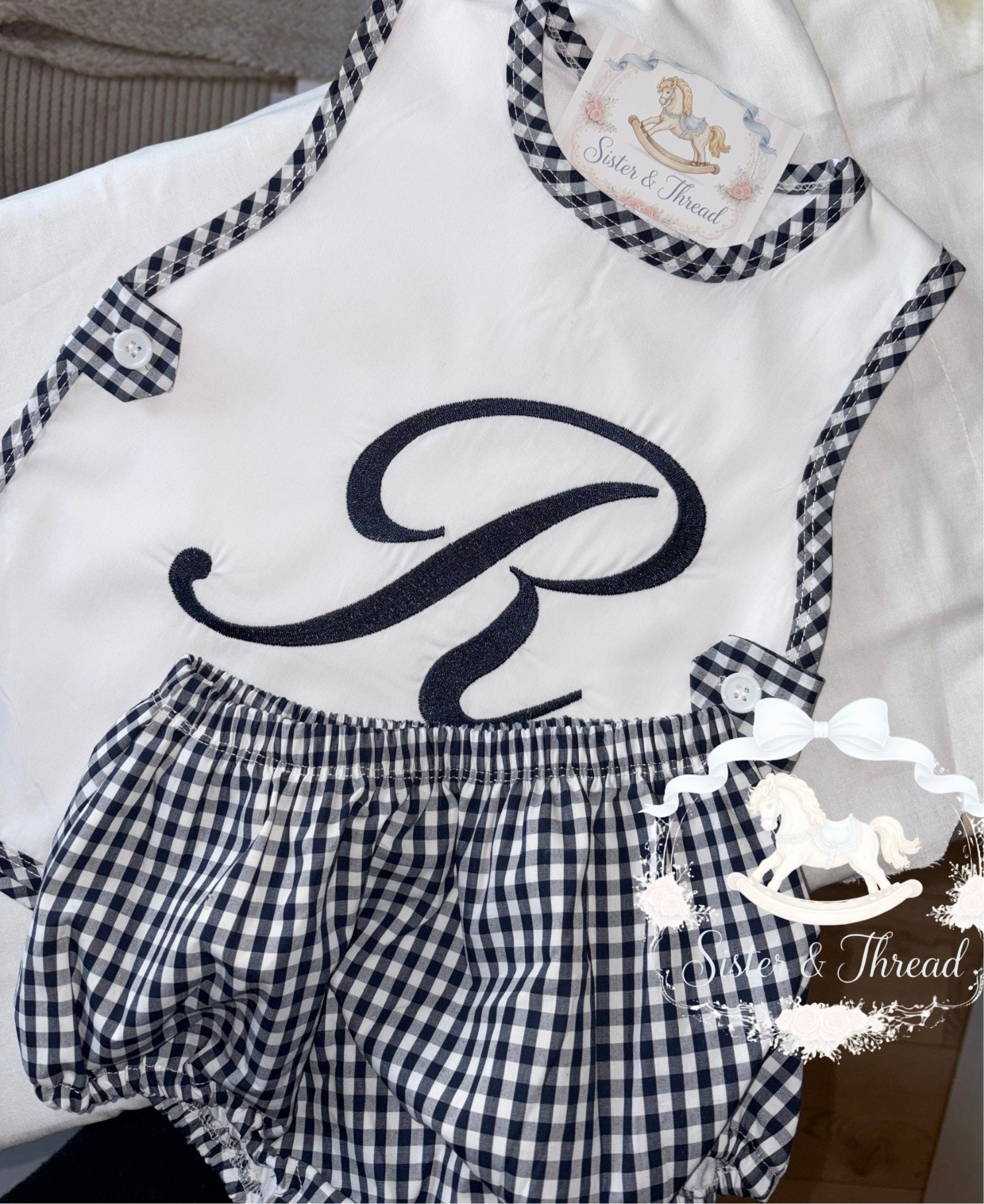 Boys Navy and White Apron Gingham Set