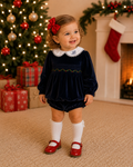 Girls Navy Velvet Smocked Jam Pant Set