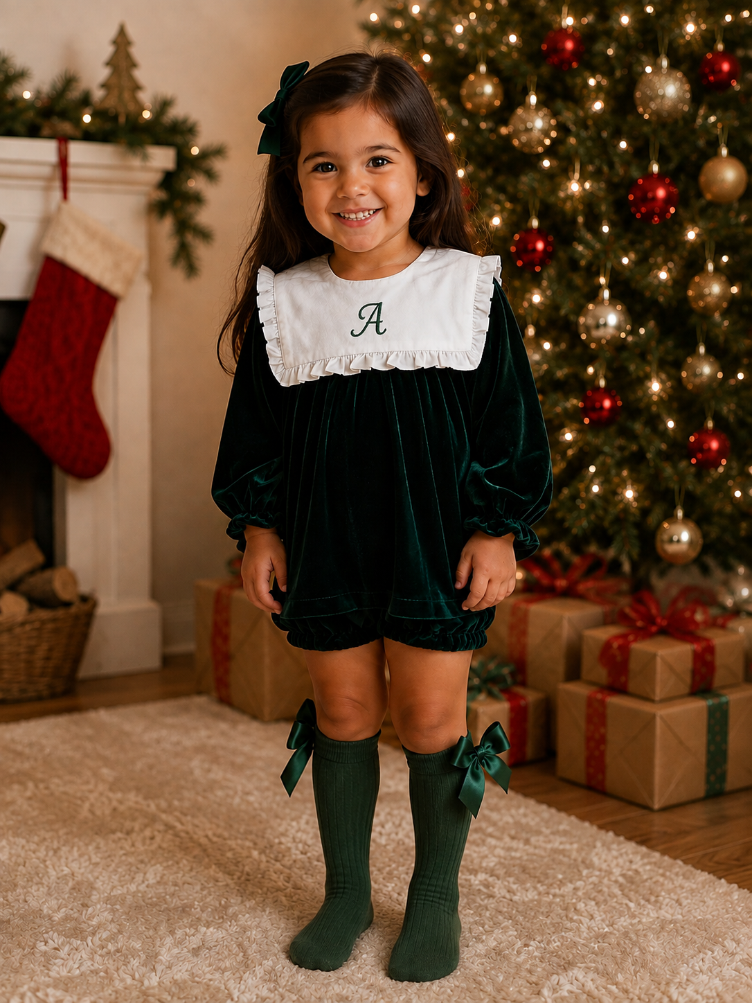 Girls Green Velvet Bib Jam Pant Set
