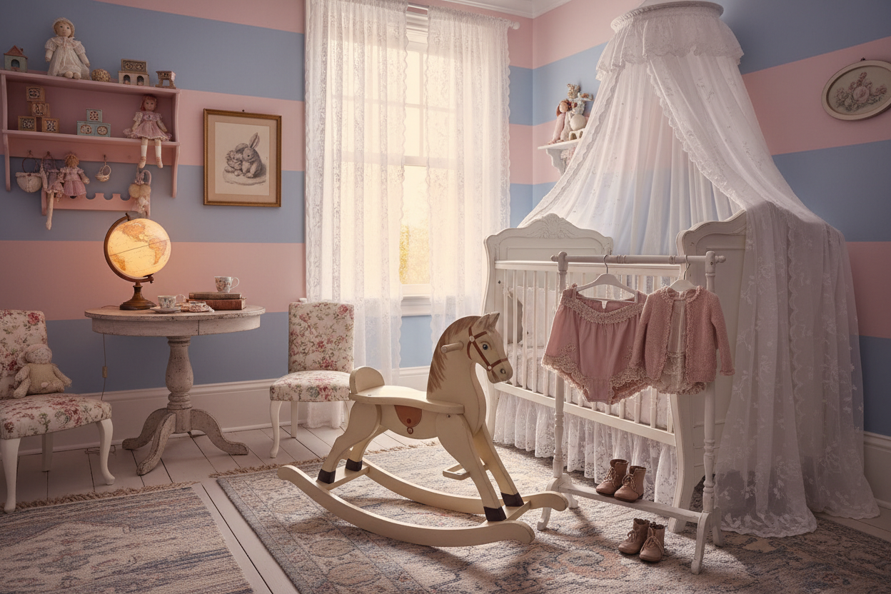 children nursery vintage pink and blue with rocking horse and clothes rail with bloomer set